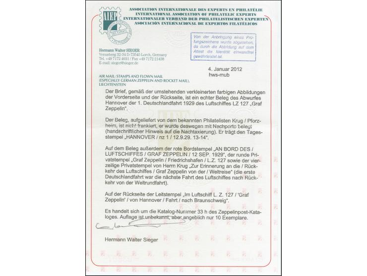 1929, Deutschlandfahrt, Teil I mit Abwurf Hannover, unfrankierter Brief mit Bordstempel vom 12.9. und Stempel “HANNOVER 12.9.