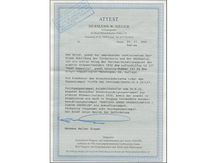 Vatikan: 1932, 7. Südamerikafahrt mit Auflieferung Friedrichshafen, R-Brief von “CITTA DEL VATICANO 10.9.32” nach Montevideo 