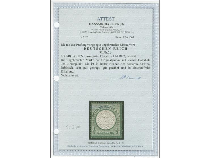 1872, ⅓ Groschen dunkelgrün, farbfrisch, sehr gut geprägt und gut gezähnt, ungebraucht mit Originalgummierung mit Braunpunkt,