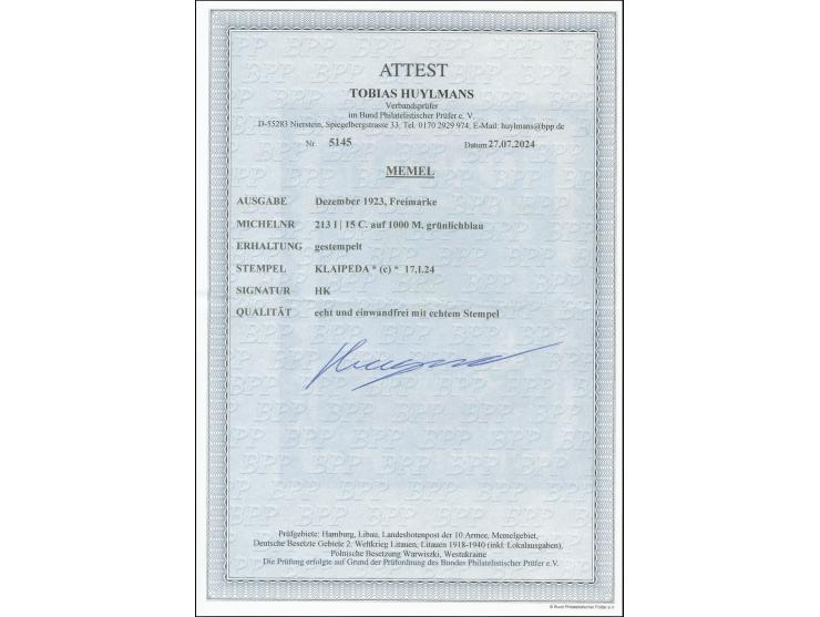 1923, 24Werte 15C. auf 1000 M., sauber gestempelt, tadellos, sign. HK sowie Fotoattest Huylmans BPP (2024)