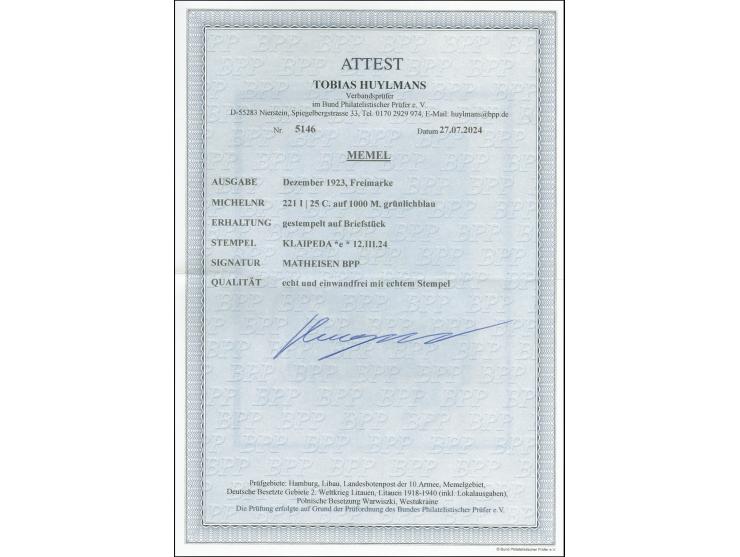1923, 24Werte 25C. auf 1000 M., sauber gestempelt auf Briefstück, tadellos, sign. Matheisen BPP sowie Fotoattest Huylmans BPP