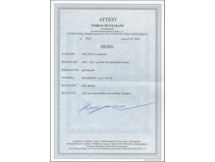 1923, Blockziffern 10C. auf 400 M., sauber gestempelt, tadellos, sign. Becker sowie Fotoattest Huylmans BPP (2024)