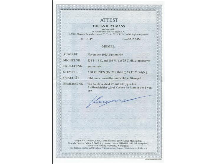 1923, 15C. auf 100M. auf 25 C., Aufdruckfeld 27 mit Aufdruckfehler “drei Kerben im Stamm der 1 von 15”, sauber mit auf dieser