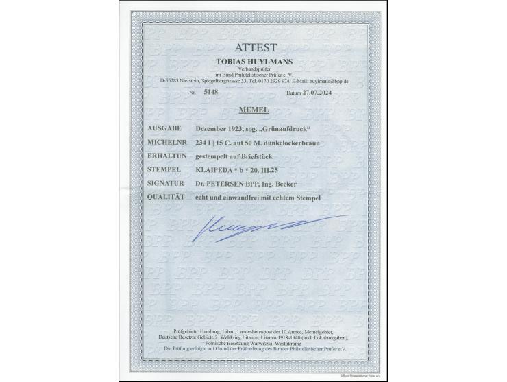 1923, Grünaufdruck 15C. auf 50 M., sauber mit Stempel “KLAIPEDA 20.III.25” auf Briefstück, tadellos, u.a. sign. Dr. Petersen 