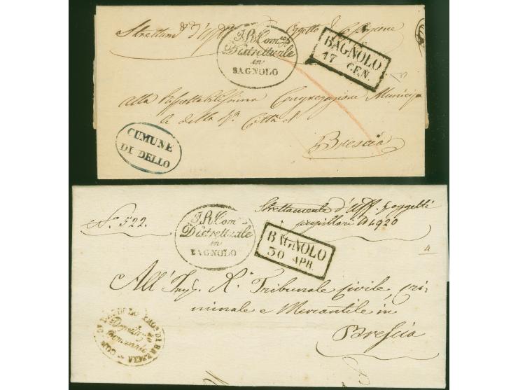 "BAGNOLO", Ra2 sauber auf 2 Dienstbriefen 1851 nach Brescia“BAGNOLO” in cartella, due franchigie.