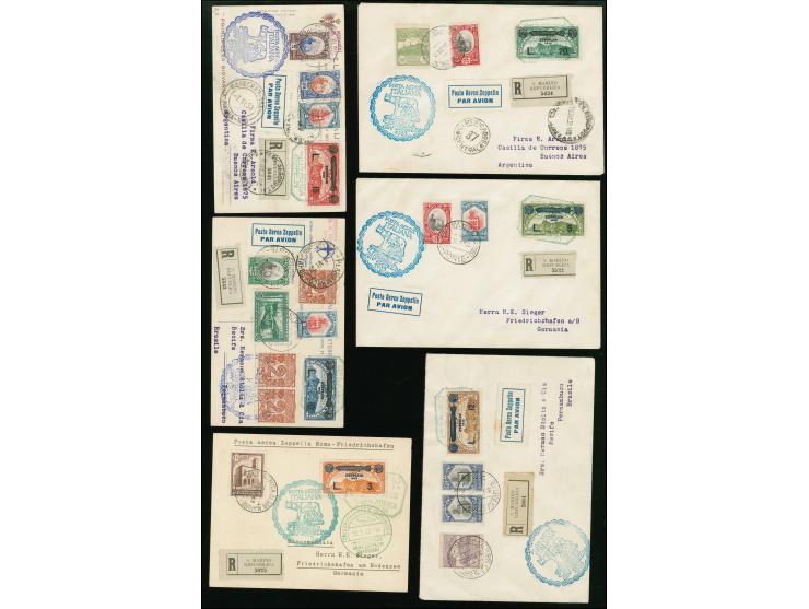 1933, Italienfahrt, San Marino-Post, sechs Briefe und Karten mit Zeppelin 3-20 Lire komplett je mit grünem Postsonderstempel 