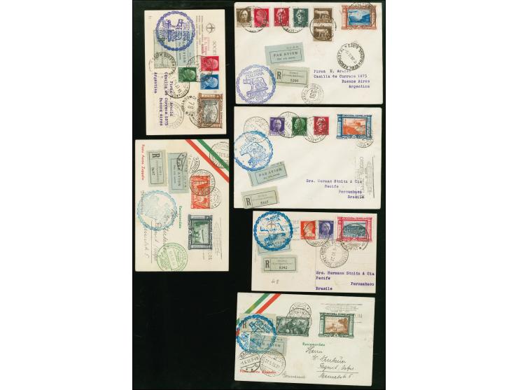 1933, Italienfahrt, italienische Post, sechs Briefe und Karten mit Zeppelin 3-20 Lire komplett und Zufrankatur mit Postsonder