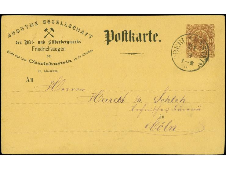 1873, Ganzsachenkarte ½ Groschen “Anonyme Gesellschaft des Blei- und Silberbergwerks Friedrichssegen”, sauber mit EKr. “OBERL