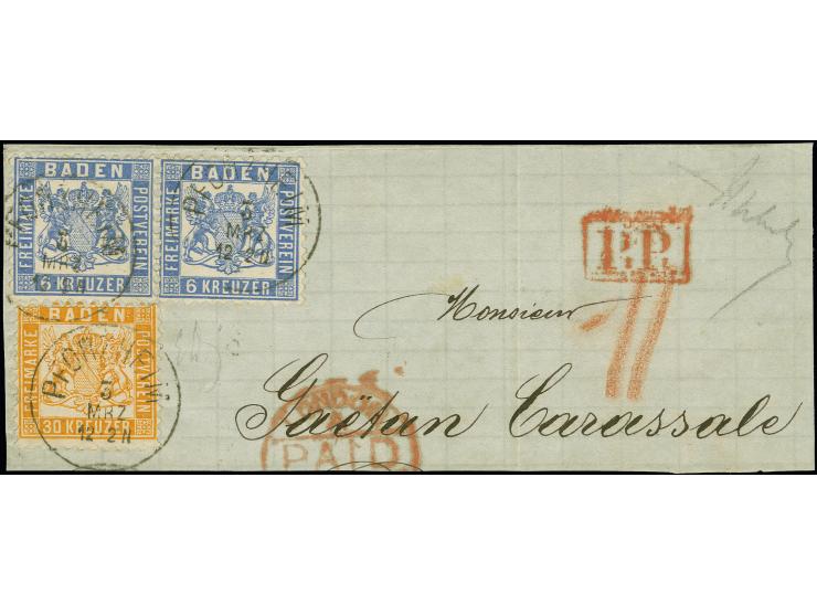 30 Kreuzer gelborange und waagerechtes Paar 6 Kreuzer ultramarin, alle farbfrisch und bis auf wenige stumpfe Zahnspitzen bei 