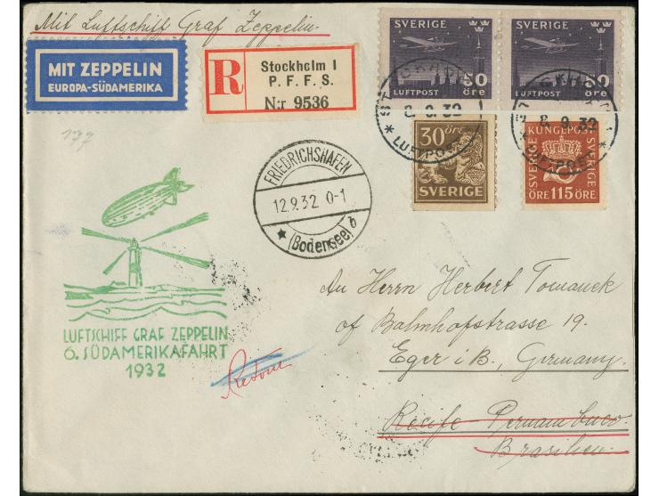 Schweden: 1932, 6. Südamerikafahrt mit Auflieferung Friedrichshafen, R-Brief von “STOCKHOLM LUFTPOST 8.9.32” nach Recife mit 