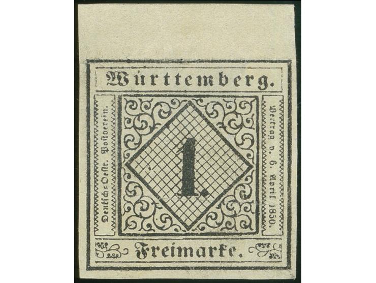1851, 1 Kreuzer auf hellsämisch, Type I, farbfrisch und allseits breitrandig, oben mit ca. 6 mm Bogenrand, ungebraucht ohne G