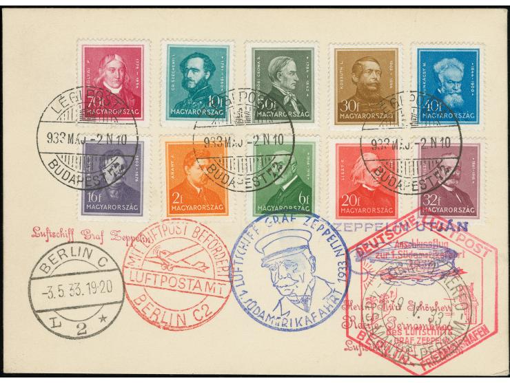 Ungarn: 1933, 1. Südamerikafahrt mit Anschlussflug Berlin bis Recife, Karte von “BUDAPEST MAJ.2” mit bunter Frankatur nach Pe