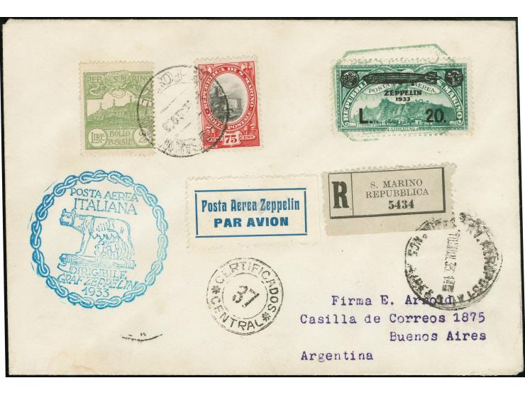 1933, Italienfahrt, San Marino-Post, sechs Briefe und Karten mit Zeppelin 3-20 Lire komplett je mit grünem Postsonderstempel 