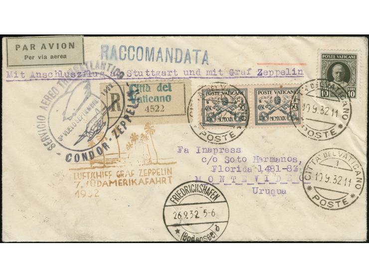 Vatikan: 1932, 7. Südamerikafahrt mit Auflieferung Friedrichshafen, R-Brief von “CITTA DEL VATICANO 10.9.32” nach Montevideo 