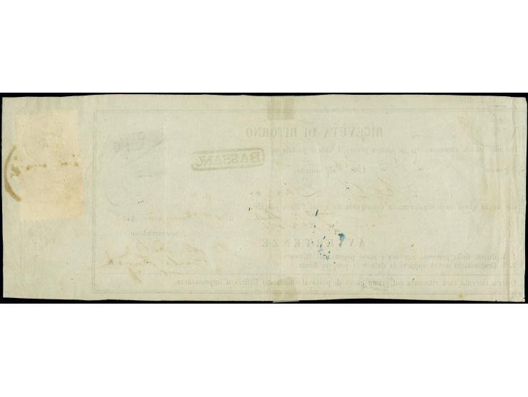 "BASSANO", Ra ohne Datum, in blau, klar auf 'RICEVUTA DI RITORNO', frankiert mit Paar 1864, 5 Soldi rot, mit Doppelentwertung