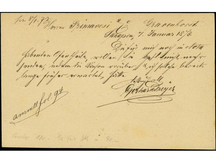 Ganzsachenkarte ½ Groschen mit klarem Hannover-EKr. “SCHAPEN 7.1.(73)” nach Gravenhorst in einwandfreier Erhaltung, seltene, 