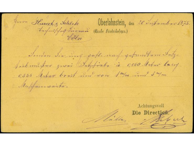 1873, Ganzsachenkarte ½ Groschen “Anonyme Gesellschaft des Blei- und Silberbergwerks Friedrichssegen”, sauber mit EKr. “OBERL