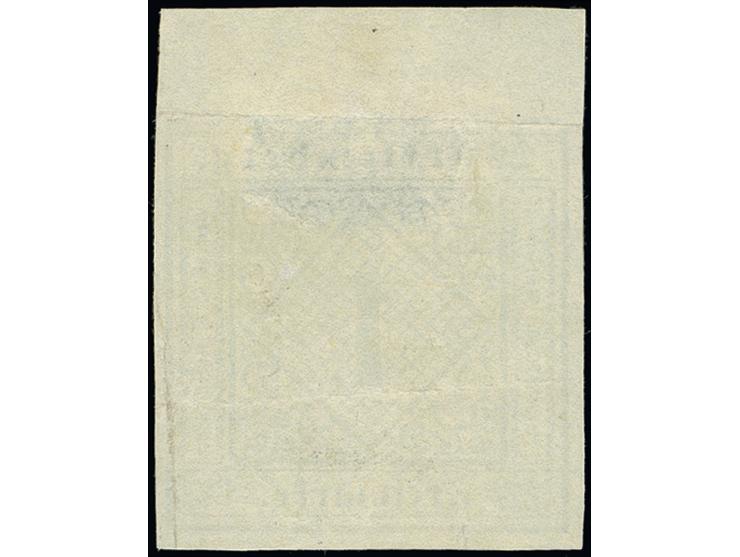 1851, 1 Kreuzer auf hellsämisch, Type I, farbfrisch und allseits breitrandig, oben mit ca. 6 mm Bogenrand, ungebraucht ohne G