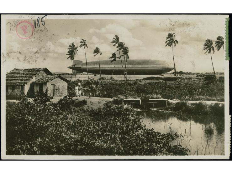 1932, 6. Südamerikafahrt, Fotokarte mit u.a. Zeppelin 1 Mark mit Bordstempel vom 16.9. nach Pernambuco und umadressiert an Sc