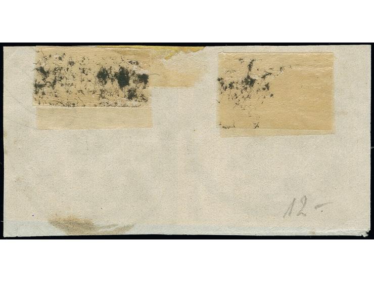 3 Kreuzer auf ockergelb, Type V, waagerechtes Paar mit starker Klischeeverschiebung, farbfrisch und voll- bis meist breitrand