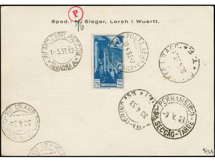 Tripolitanien: 1933, 1. Südamerikafahrt mit Auflieferung Friedrichshafen bis Brasilien, R-Karte von “TRIPOLI D'AFRICA 30.4.33