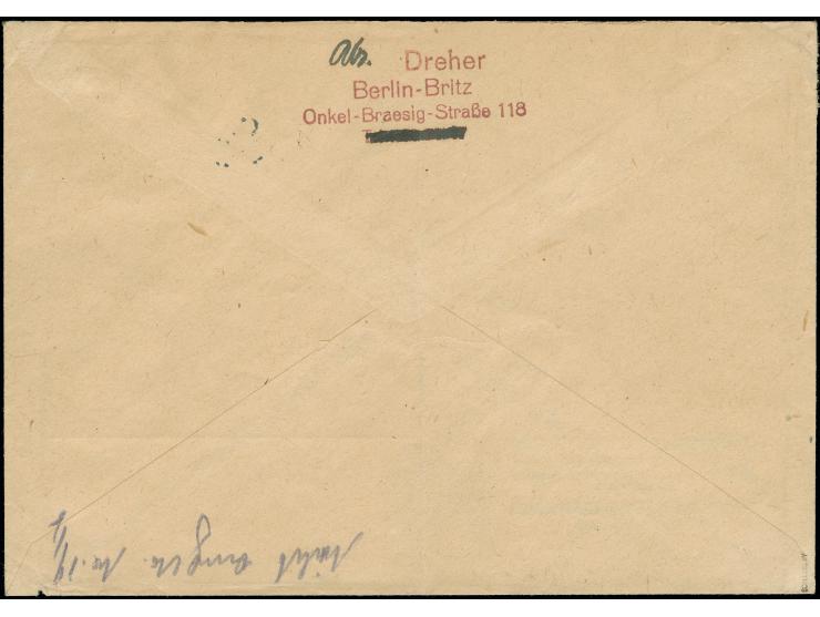 Rotaufdruck 1 Mark mit Stempel “BERLIN-NEUKÖLLN 3 16.7.49” als portogerechte Einzelfrankatur auf R-Rückschein-Brief nach Erke