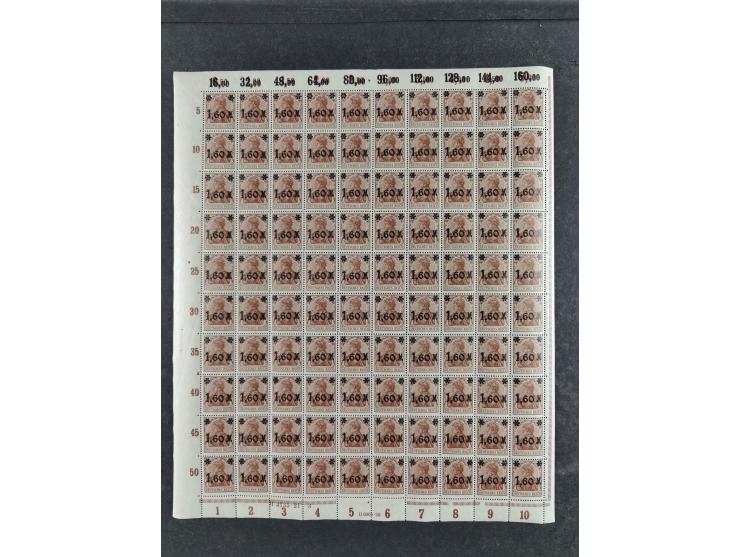 1921, Germania mit neuem Aufdruck 1.60-10 M., je im kompletten Bogen mit Ur-HAN und Aufdruck-HAN, 10 M. im Unterrand teils le