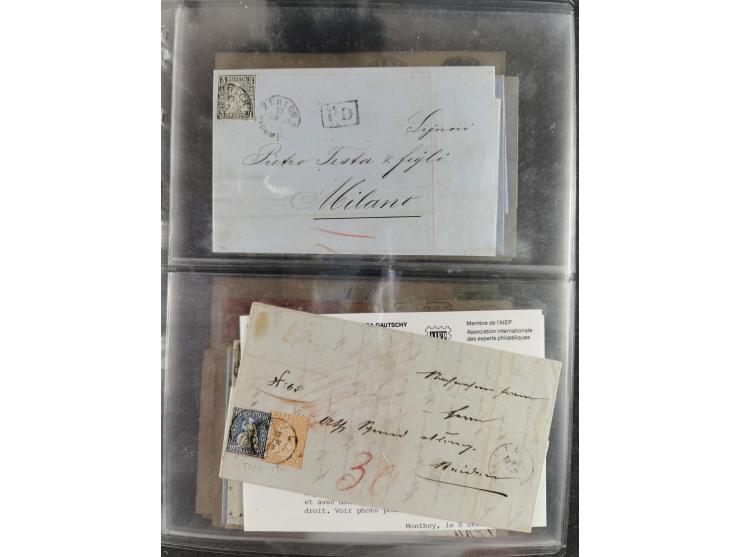 1862/82, Lot 14 interessantere Frankaturen der Sitzenden Helvetia gezähnt. Dabei 10 Rp. blau als Mischfrankatur mit Strubel 2