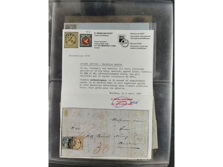 1862/82, Lot 14 interessantere Frankaturen der Sitzenden Helvetia gezähnt. Dabei 10 Rp. blau als Mischfrankatur mit Strubel 2