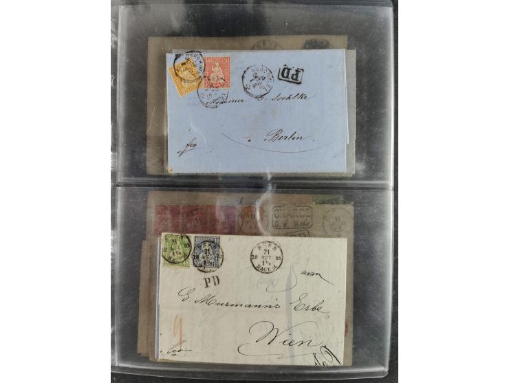 1862/82, Lot 14 interessantere Frankaturen der Sitzenden Helvetia gezähnt. Dabei 10 Rp. blau als Mischfrankatur mit Strubel 2