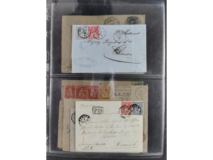 1862/82, Lot 14 interessantere Frankaturen der Sitzenden Helvetia gezähnt. Dabei 10 Rp. blau als Mischfrankatur mit Strubel 2