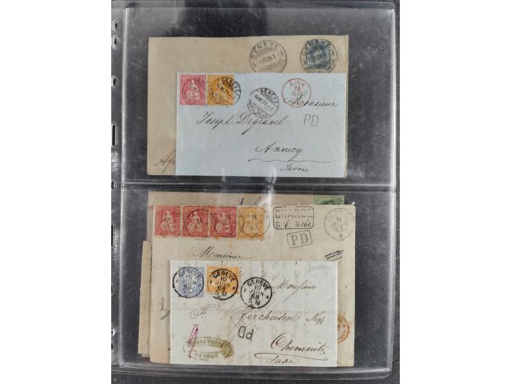 1862/82, Lot 14 interessantere Frankaturen der Sitzenden Helvetia gezähnt. Dabei 10 Rp. blau als Mischfrankatur mit Strubel 2