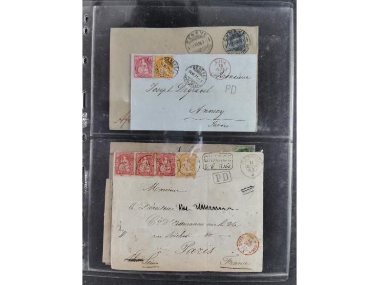 1862/82, Lot 14 interessantere Frankaturen der Sitzenden Helvetia gezähnt. Dabei 10 Rp. blau als Mischfrankatur mit Strubel 2