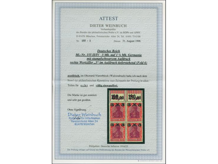 1921, 3 M. auf 1¼ M. im Oberrand-Viererblock, Plattenfehler “Wertziffer 3 tieferstehend” (Feld 6), postfrisch, einwandfrei, F