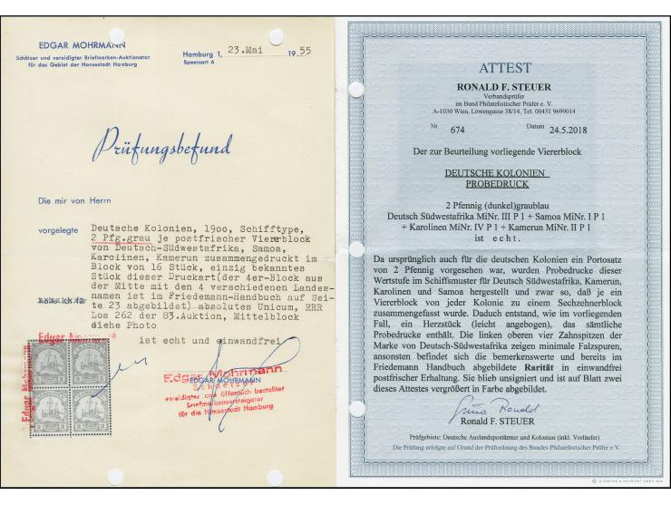 1900, Kaiseryacht 2 Pfennig Probedruck graublau, vier Stück mit Inschrift “DEUTSCH-SÜDWESTAFRIKA”, “SAMOA”, “KAROLINEN” und “