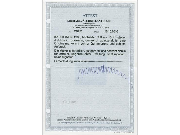 1900, Steilaufdruck 10 Pfennig rotkarmin (dunkelkarmin quarzend), ungebraucht, in tadelloser Erhaltung. Eine sehr seltene Far