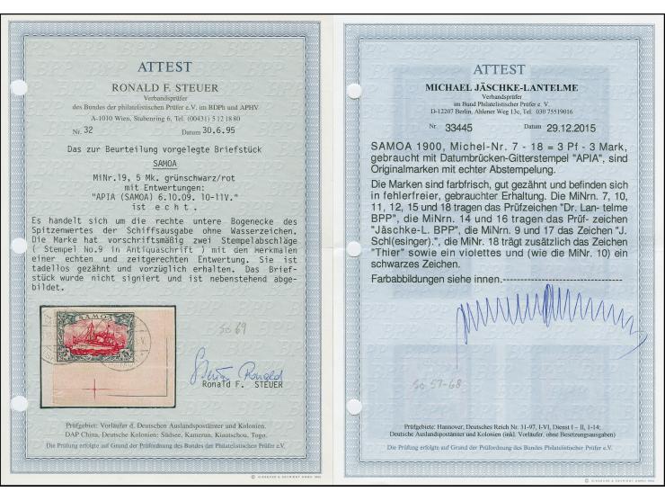 1900, Kaiseryacht 3 Pfennig bis 5 Mark &nbsp;komplett, dabei 5 Mark aus der linken Bogenecke auf Briefstück, einheitlich mit 