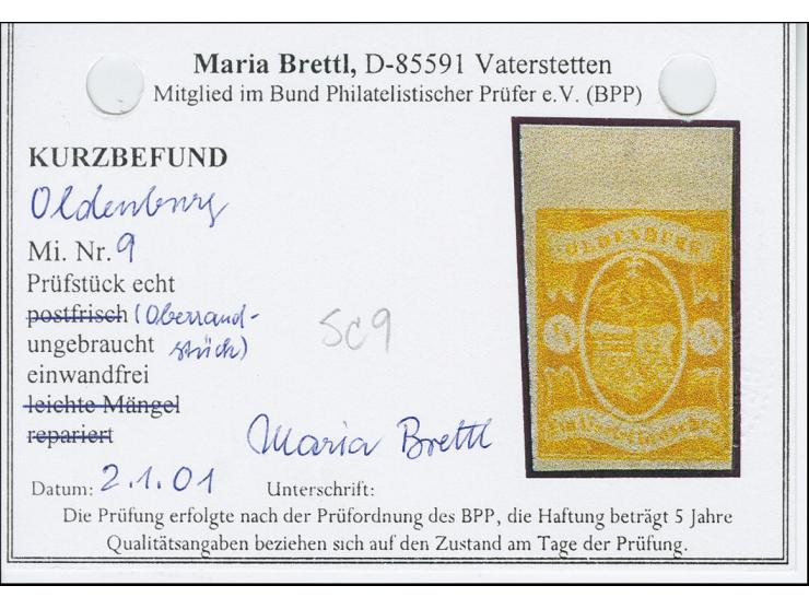 1861, Hauswappen auf weißem Papier, ¼ Groschen orange, farbfrisch und voll- bis breitrandig, oben mit ca 8 mm Bogenrand, unge