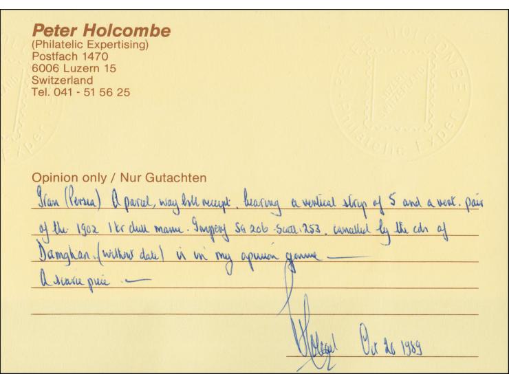 1 kr., vertical strip of five and pair, tied by c.d.s. "DAMGHAN" to parcel post waybill to Teheran. Fold between two stamps o