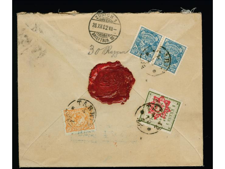 2 kr. with 1897, lion 8 ch. and 1903/04, pair 12 ch., tied by Tabriz c.d.s. to reverse of registered envelope to Switzerland.