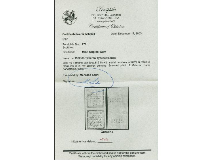 Money Order Issue 10 tomans, vertical pair with control numbers 0927-0928, mint never hinged. Very fine and rare. Certificate