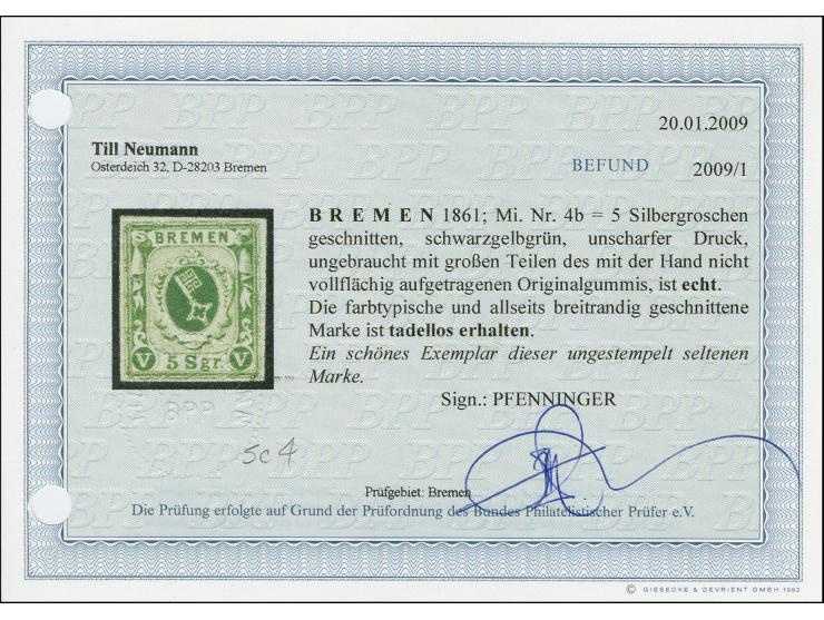 1859, 5 Silbergroschen schwarzgelbgrün, unscharfer Druck, farbfrisch und allseits breitrandig, ungebraucht mit Originalgummi.