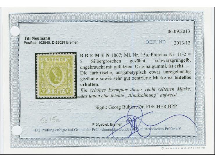 5 Silbergroschen schwarzgrüngelb, farbfrisch und ausgabetypisch etwas unregelmäßig gezähnt, sehr schön zentriert, ungebraucht