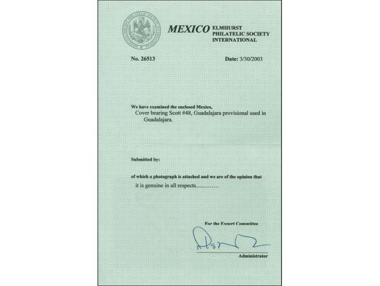 1868, laid paper 2 r. on lilac, tied by oval "FRANQUEADO EN GUADALAJARA" to entire letter to Leon. Fine and fresh. Certificat