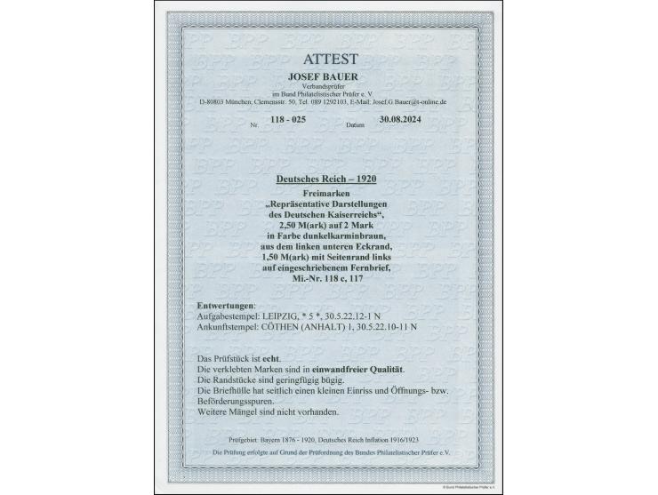 1920, Aufdruckausgabe 2,50 M. auf 2 M. Lilabraun, rechte untere Bogenecke, zusammen mit 1,50 M. auf 1 M., Als portogerecht de