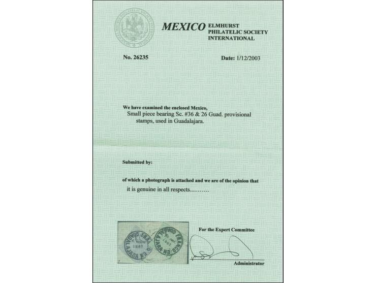 Thin oblong quadrillé paper, 4 r. on blue, together with laid batonné paper Un real on green, tied by infinity cancel to piec