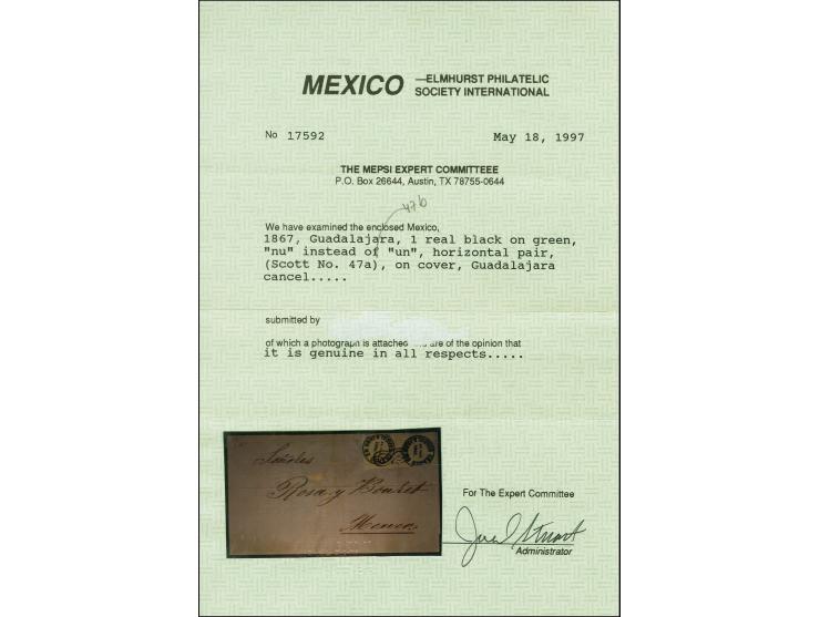 1868, laid paper, 1 r. on green, vertical pair, both stamps with variety "nu" instead of "un", used with infinity handstamp o