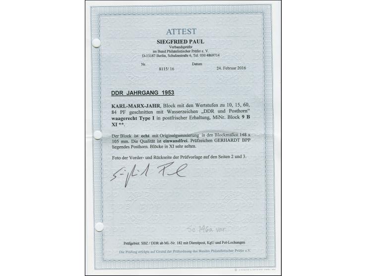 Karl Marx-Block 10-84 Pfennig geschnitten mit waagerechtem Wasserzeichen 2 in Type I, postfrisch, in tadelloser Erhaltung. Ei