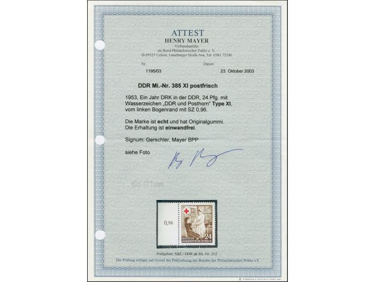 1953, -Deutsches Rotes Kreuz 24 Pfennig mit waagerechtem Wasserzeichen 2 in Type I, Randstück, postfrisch, in tadelloser Erha