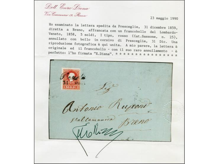 "Presceglie 31 DIC." (1859), L2, auf 1858,5 Soldi, Type I, auf komplettem Faltbrief nach Breno. Fotoattest Enzo Diena (1990) 